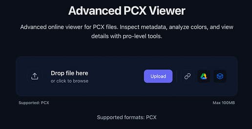 Upload area to open pcx file online in the pcx file viewer